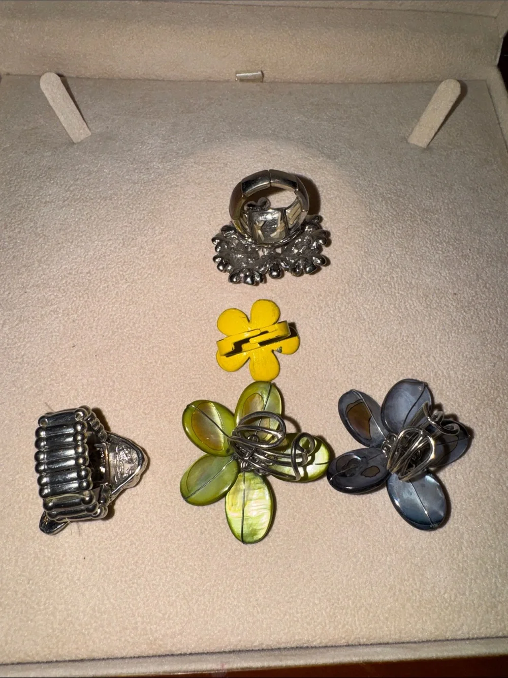 Set of Women's Floral Pink Heart, Lime, Yellow, Grey Floral, and Jaguar Rings
